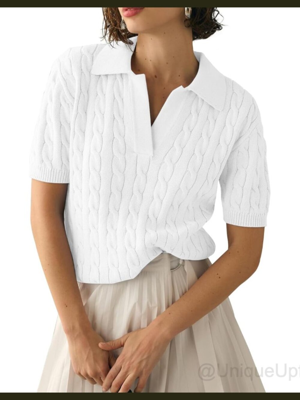 Womens Cable Knit Short Sleeve Sweater V Neck Lapel Collar Pullover Top